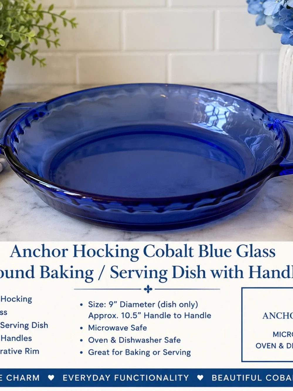 Anchor Hocking Cobalt Blue Glass Round Baking Dish with Handles